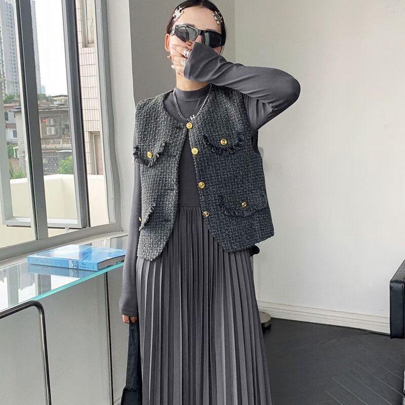 顿冉小香风连衣裙套装两件套2024新款粗花呢背心马甲搭配百褶裙打底长