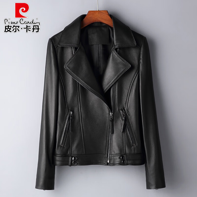 皮爾卡丹2025新款海寧真皮皮衣女綿羊皮修身短款西裝領(lǐng)皮夾克春秋上衣外套 黑色A款(單款) 頭層綿羊皮 3XL 建議130-140斤