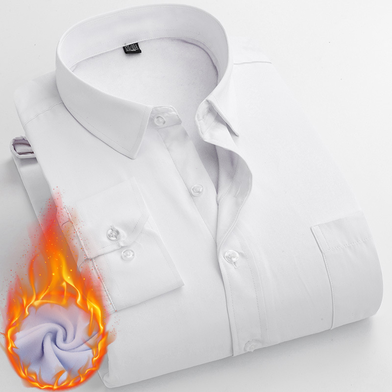 冬季新款男士加绒加厚长袖衬衫商务职业工装保暖修身男式衬衣 白色 M/38