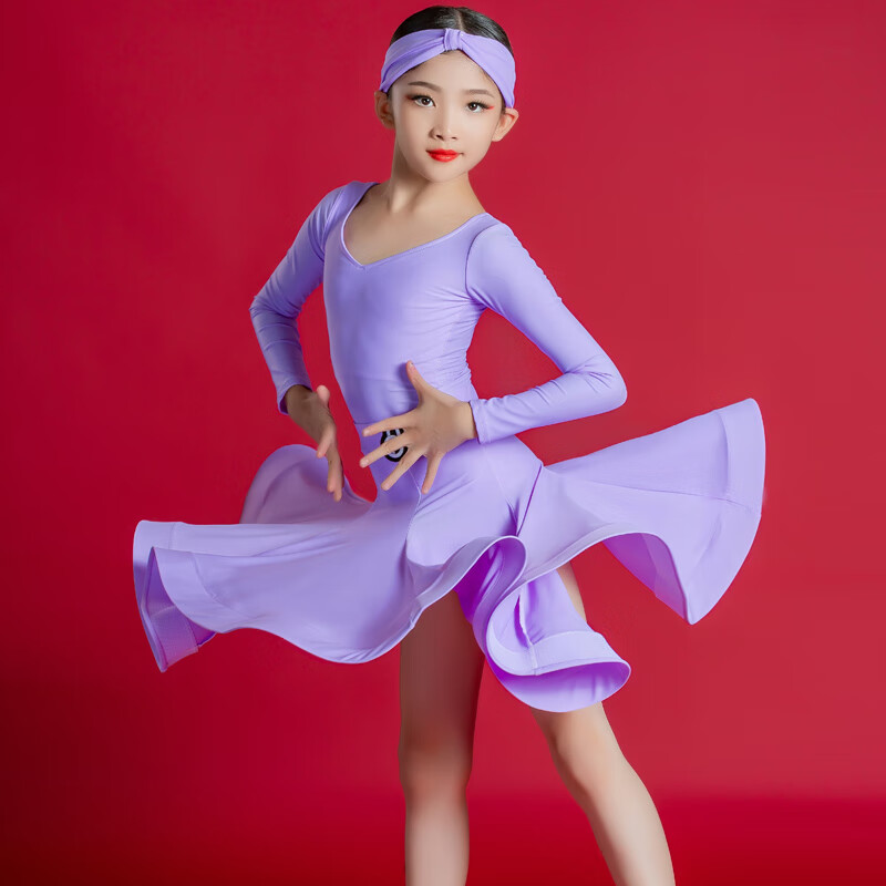 鹿凌青拉丁舞服装女童儿童拉丁舞服女童新款少儿规定比赛服大童大摆裙演 紫罗兰 长袖 M属于什么档次？