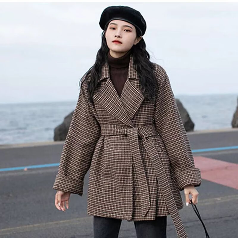 绿吖喵千鸟格毛呢外套女秋冬加厚不加棉可选2022中长小个子呢子大 咖