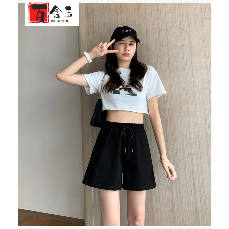 百含玉夏装运动短裤女ins潮休闲学生高腰中裤跑步宽松五分裤网红提臀