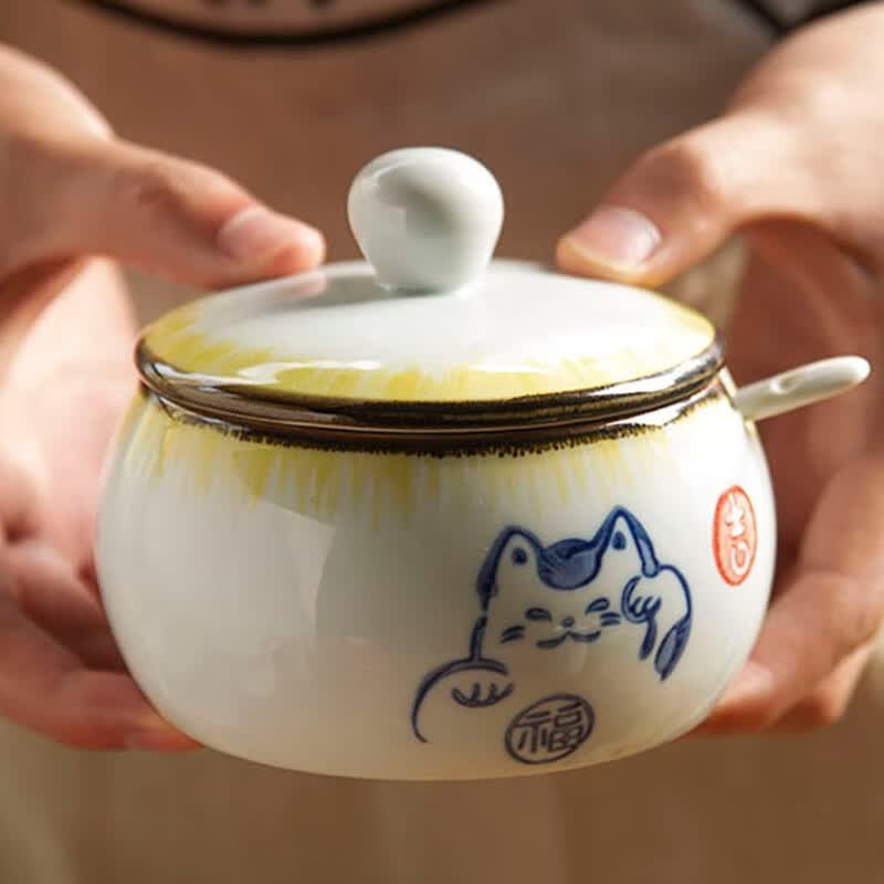 和风四季釉下彩调味罐复古盐罐油罐厨房调料罐调料盒陶瓷辣椒罐猪油罐炖盅 黄色招财猫大号调味罐550ml配勺 京东折扣/优惠券