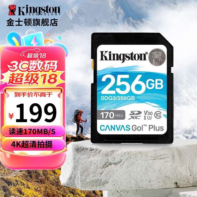 金士顿（Kingston）SD存储卡 U3  V30  4K高速相机单反微单内存卡  class10 SDG3/256G【读速170M/S 丨4K超清】