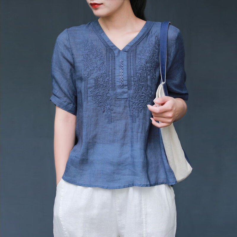 lareen fitty轻奢品牌 棉麻短袖t恤女刺绣花新款宽松套头上衣v领亚麻