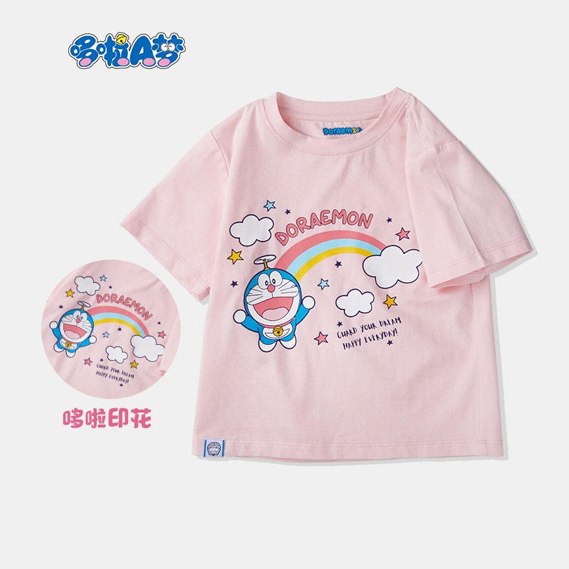 哆啦A梦儿童T恤女童短袖童装夏季短袖女潮 粉色 120