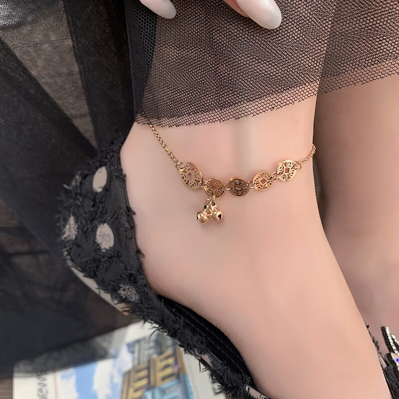 QUAMER老鳳凰金店款鍍18k金色銅錢(qián)鈴鐺腳鏈女AU750玫瑰金高級(jí)感黃金足 玫瑰金五銅錢(qián)腳鏈