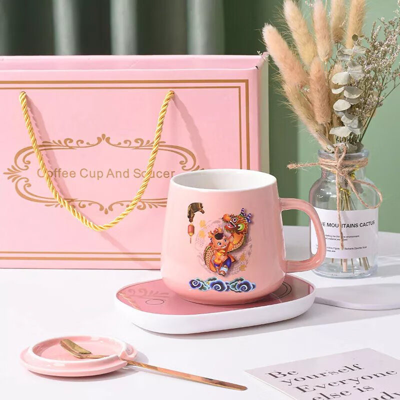 杯55°C度陶瓷马克杯带盖勺保温水杯家用办公暖暖杯牛奶咖啡杯 白色杯+垫+礼盒