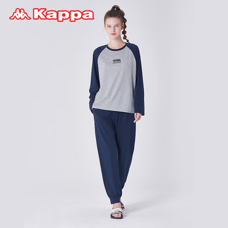 KAPPA卡帕女士睡衣女棉长袖套装时尚拼接套头大码宽松外出家居服女 蓝灰 XL 建议(120-135斤)