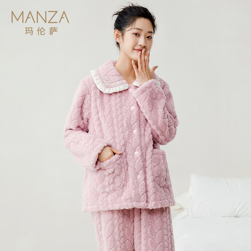 玛伦萨珊瑚绒睡衣女秋冬季新款可外穿翻领加绒加厚保暖套装家居服 灰兰 L