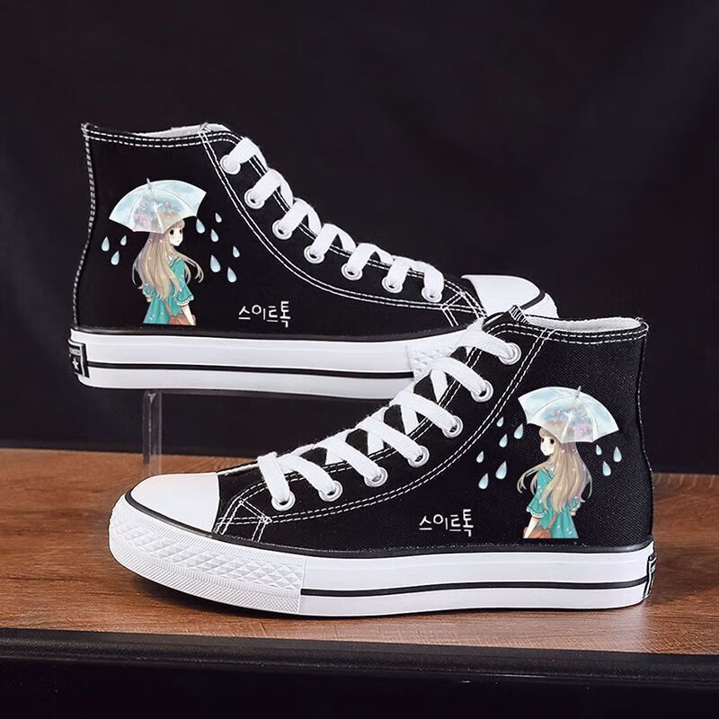新款高帮帆布鞋女学生韩版百搭平底校园潮流涂鸦情侣鞋潮 黑色图案1