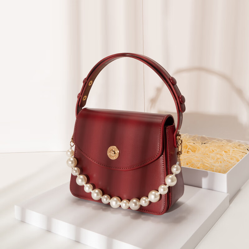 clolv kiss珍珠链条手提包2024新款红色结婚包包新娘包感斜挎包日常