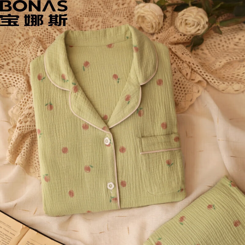 宝娜斯（BONAS）新款睡衣女春秋学生宿舍家 棉纱抹茶绿桃子 L怎么看?