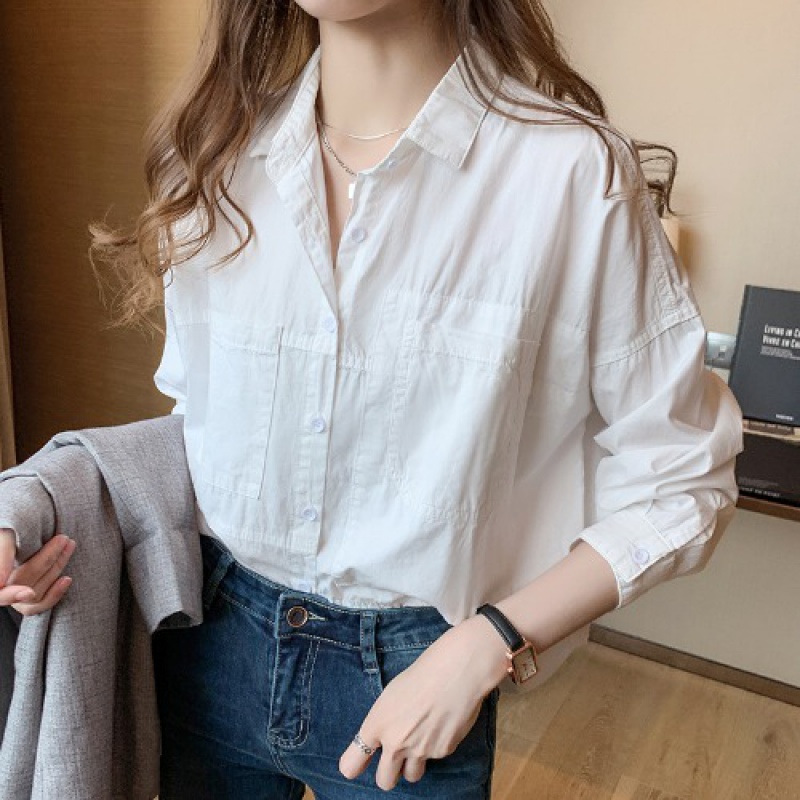 德朔上班衬衣女生白色衬衫长白色衬衫女长袖2021春季新款韩版宽松外穿
