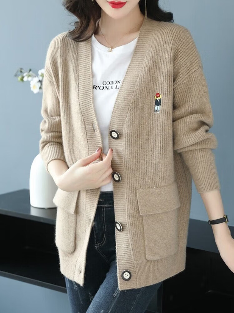 歌鹏毛衣女开衫宽松针织衫女春秋装韩版女装上衣 米驼色 m
