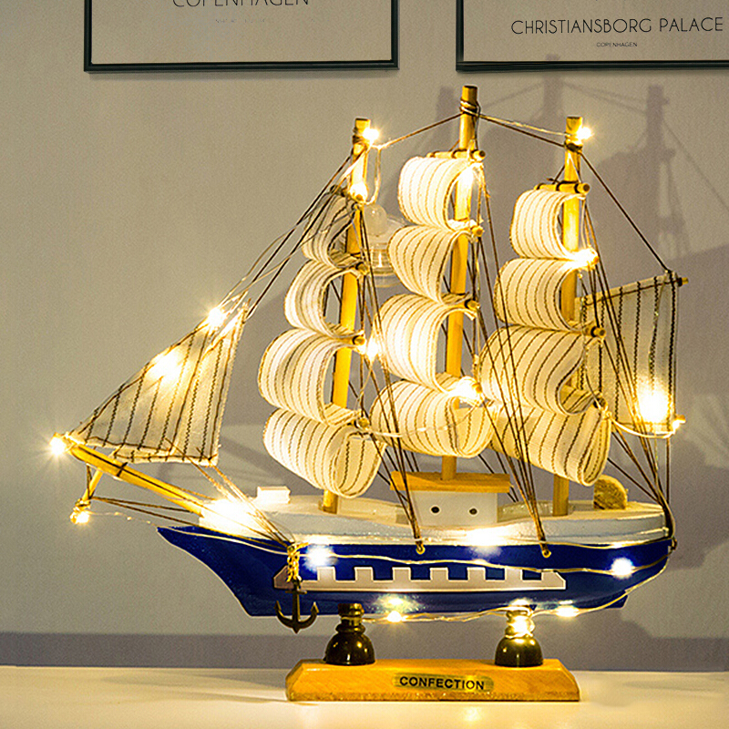 翻旧事 一帆风顺帆船摆件装饰品创意家居客厅办公室地中海手工木制工艺品帆船模型摆设 21CM蓝色帆船带灯