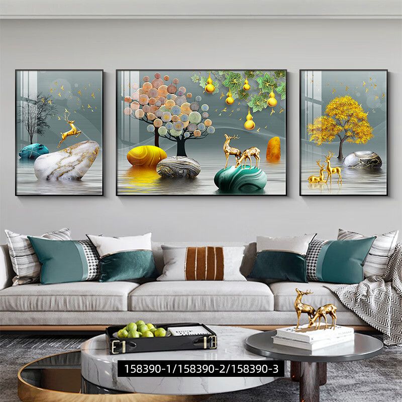 客厅装饰画轻奢大气沙发背景墙挂画三联画现代简约墙上壁 福禄双至