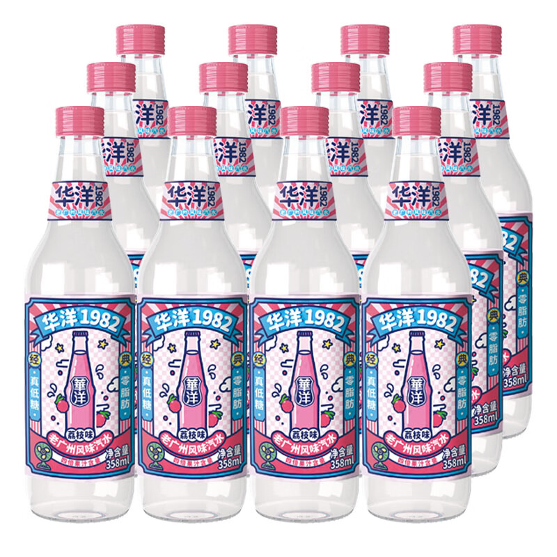 华洋 1982汽水果味358ml果汁碳酸饮料玻璃瓶整箱装 荔枝味358ml*12瓶