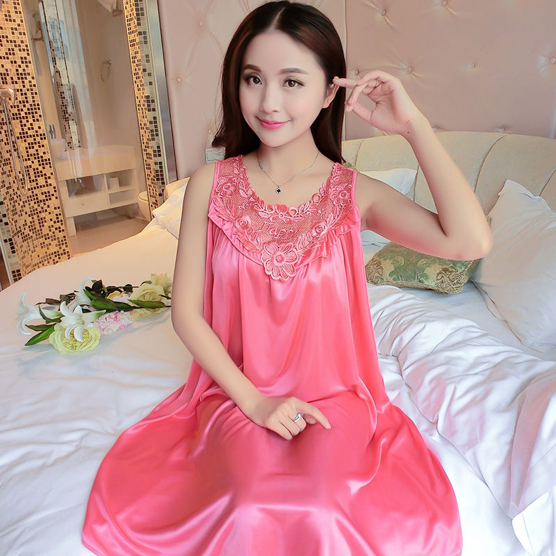 冰丝睡裙女蕾丝仿真丝睡衣夏丝绸性感吊带裙薄大码家居服曼迪尚 001