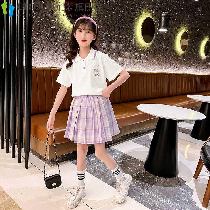 bitced11岁学生女套装女童百褶裙套装中大童polo衫小学生夏季短袖jk
