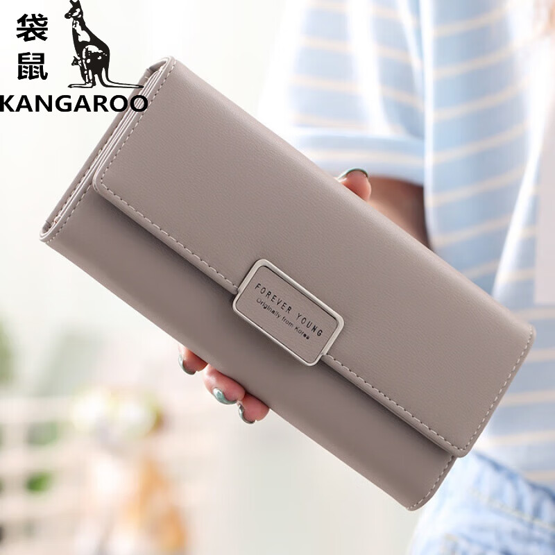 袋鼠2024新款韩版手包时尚简约女式钱夹高品质纯色三折女士长款钱包
