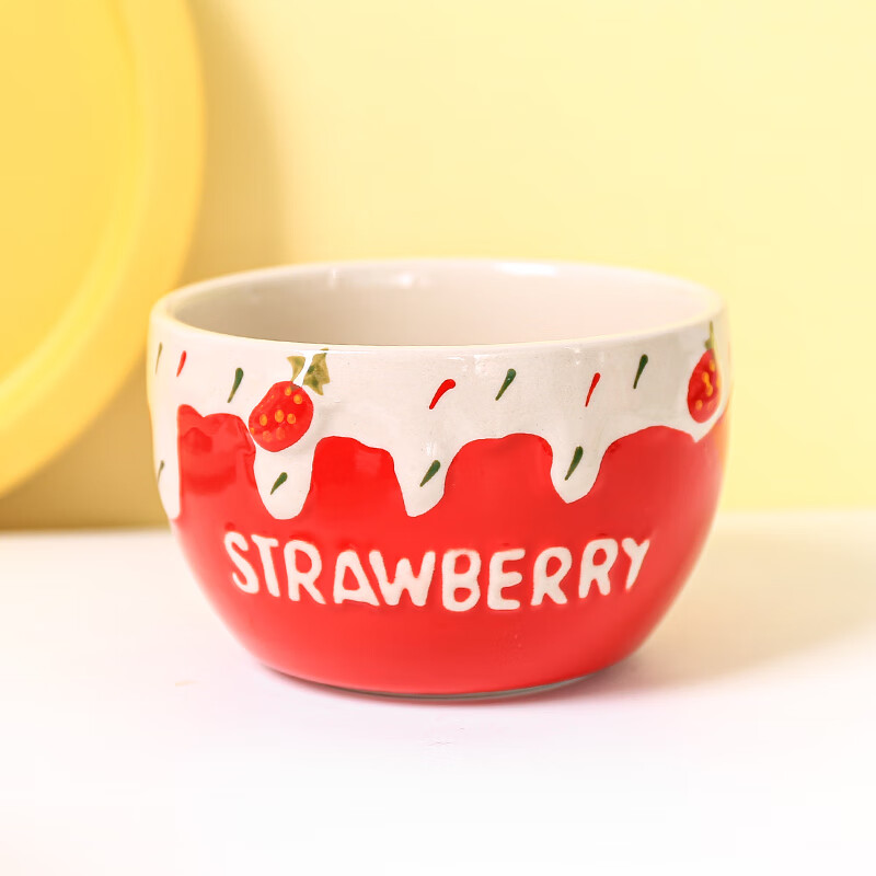 雅空碗可爱碗碗日式碗个性少女心单个家用学生饭碗 红色奶黄色