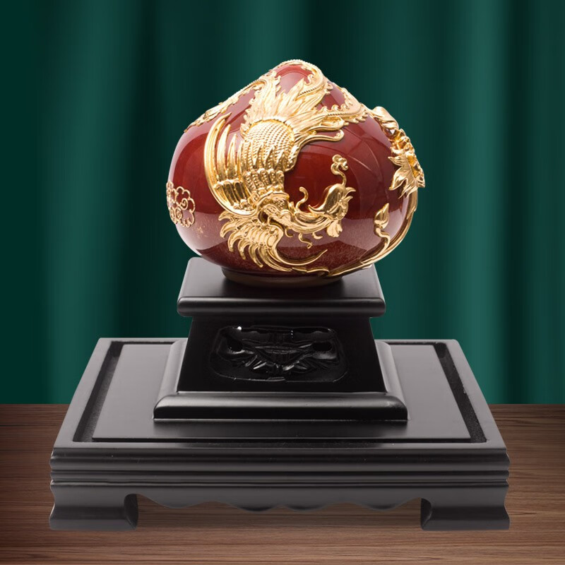 鹭艺轩 丹凤腾龙寿桃摆件金箔漆线雕工艺品长辈过寿祝寿礼品贺寿摆设