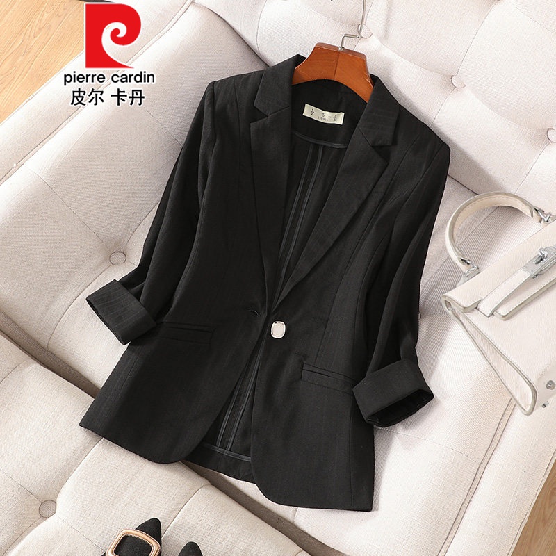 皮尔卡丹小西装外套女短款修身小个子夏季薄款中袖七分袖韩版休闲西服针织 黑色 L