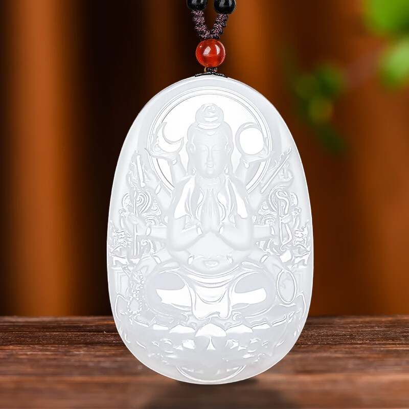 鑫广源和田玉羊脂玉本命佛玉吊坠男女款守护神玉牌玉坠玉石挂件 千手