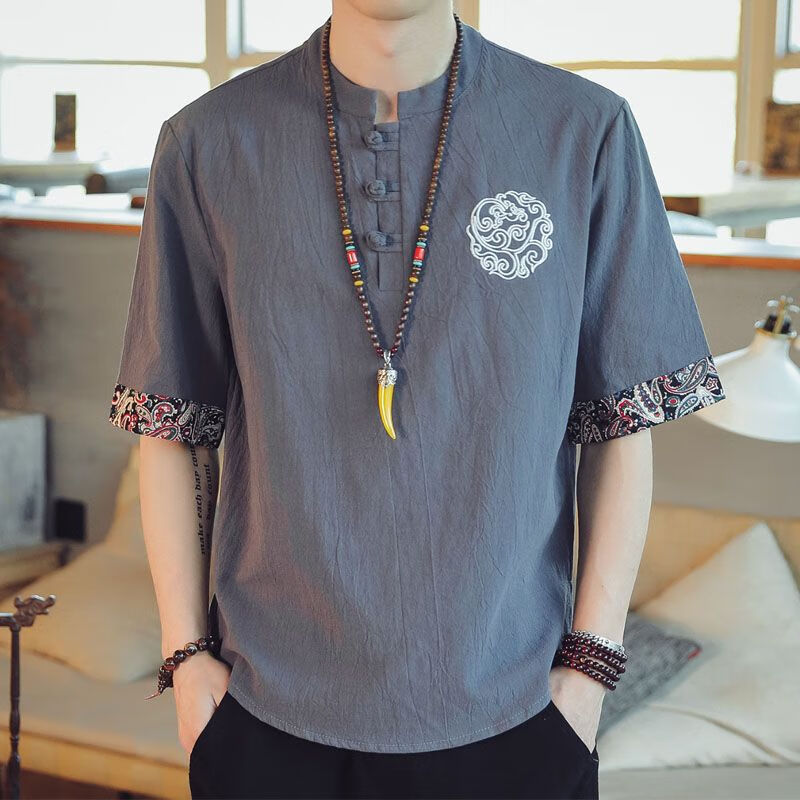 亚麻短袖t恤唐装棉麻半袖刺绣胖子男装夏 51款式短袖刺绣圆花灰蓝色 m