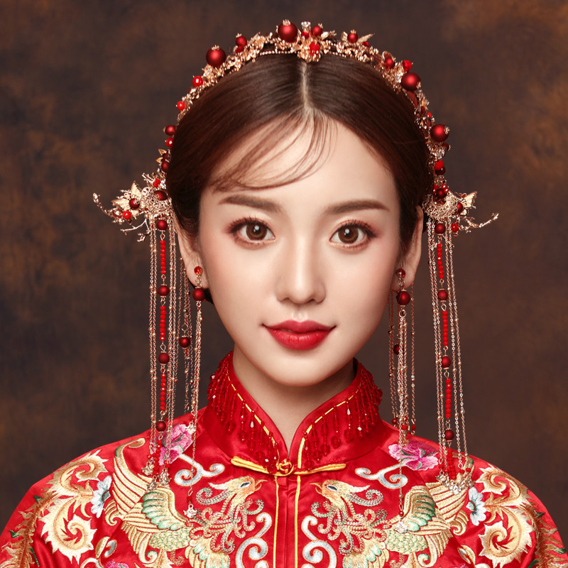 新娘头饰中式婚礼红色凤冠古装发饰套装结婚饰品秀禾服敬酒服配饰