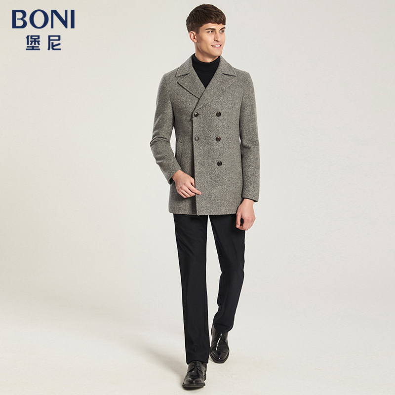 boni/堡尼呢大衣男装冬季时尚羊毛大衣双排扣翻领毛呢单大衣外套男装b
