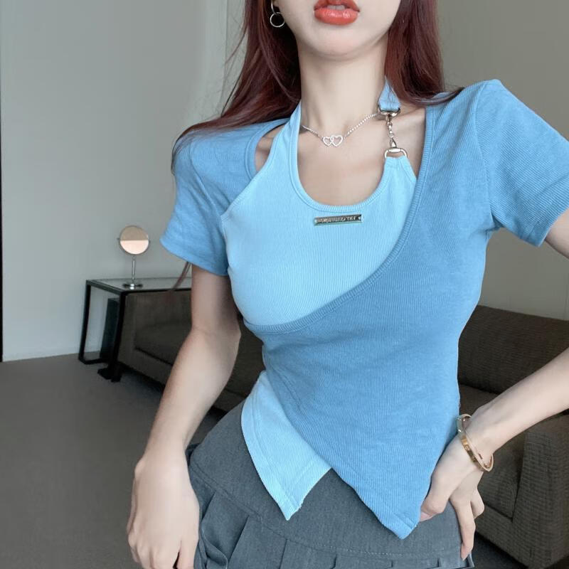 伐柯女生露肚脐衣服露肚子的上衣假两件甜辣风交叉挂脖t恤女夏季新款