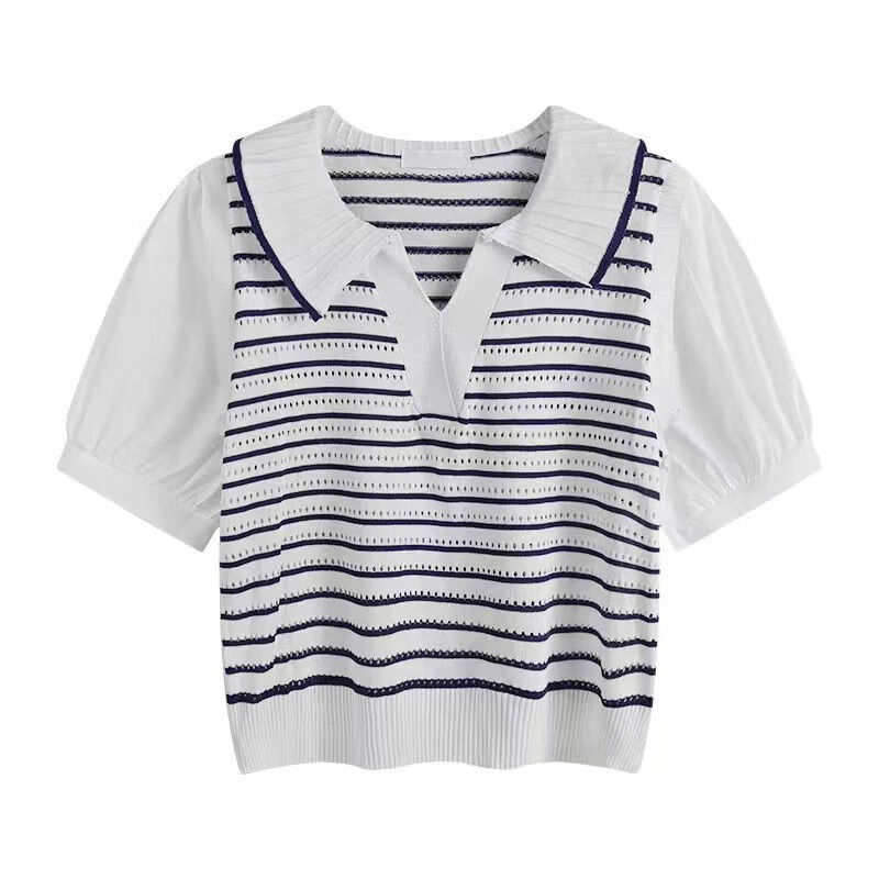 倍安伦(beianlun)小个女生t恤短袖女学生潮上衣蓝色条纹假两件polo领
