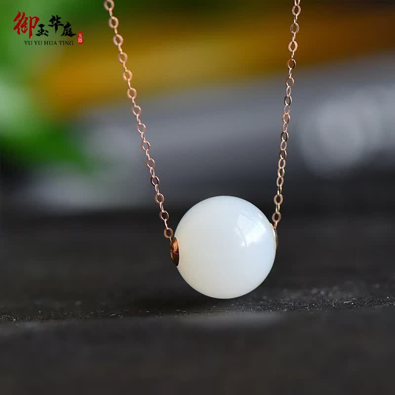 御玉华庭羊脂玉圆珠吊坠女款18K金镶嵌和田玉白玉路路通锁节日生 路路通锁骨链(18k金链子)