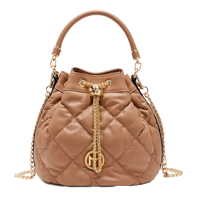 夢特嬌（MONTAGUT）官方女包羊皮水桶包菱格真皮新款福袋鏈條手提斜挎包 冰咖啡