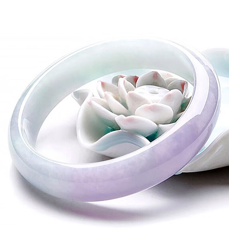 嫁福紫罗兰玻璃种手镯翡翠糯冰种浅绿飘花春彩紫翡玉镯子高端正圈美人