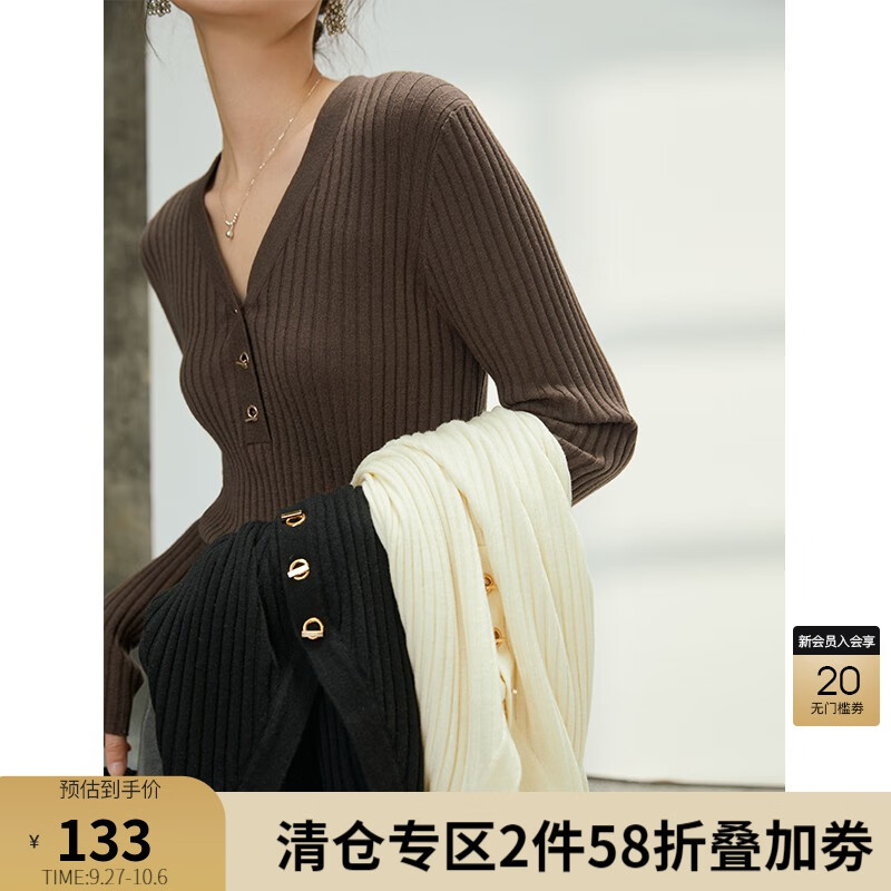 自巧小个子感v领羊毛针织衫女秋季新款百搭修身显瘦上衣 焦糖棕色 L属于什么档次？