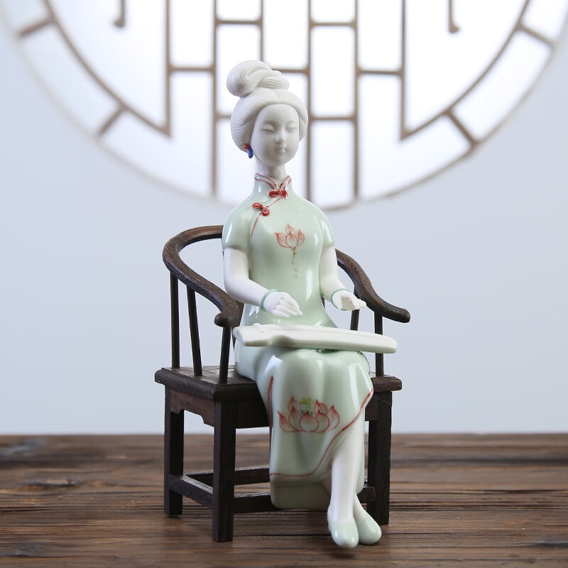 山头林村青花瓷雕仕女青花瓷美人摆件古典陶瓷人物仕女德化创意工艺品的 仕女琴不含椅子