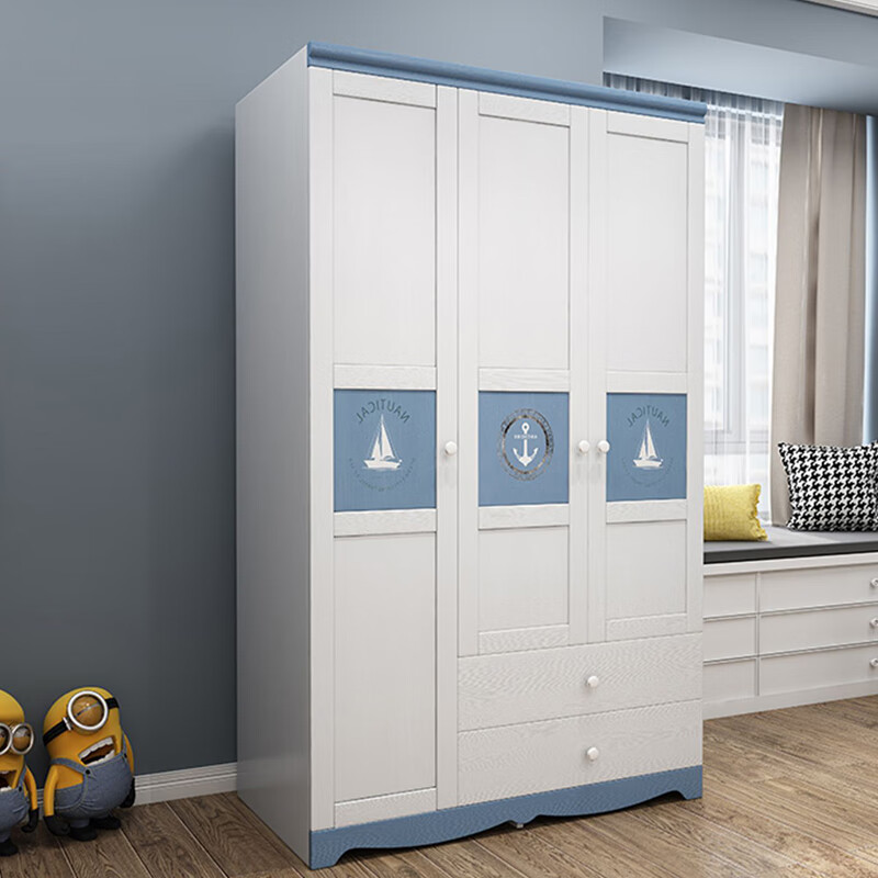 官方直销】公主衣柜实木青少年儿l童家用卧室女孩男孩二门三门 蓝白色