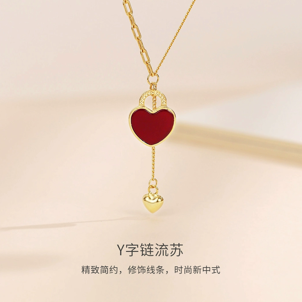周大生小红心吊坠S925银项链女闪闪金光轻奢设计感生日礼物送女生 小红心玛瑙吊坠项链