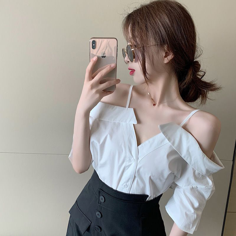 露肩膀少女露肩的短袖女款衣服t恤性感一字肩夏天辣妹露肩锁骨中袖