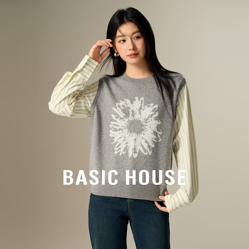 Basic House/百家好绵羊毛假两件刺绣针织衫秋季撞色拼接圆领上衣 米白 L （125-140斤）