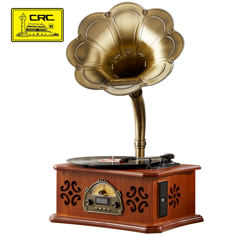crc b28复古留声机纯铜大喇叭黑胶唱片机收音机多种播放模式高中低音