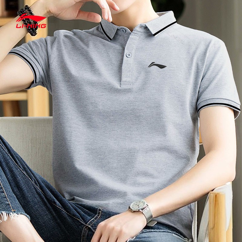李宁 短袖polo衫男女同款夏季新款透气翻领t恤男单位团购订制棉运动服 男款-花灰121 L