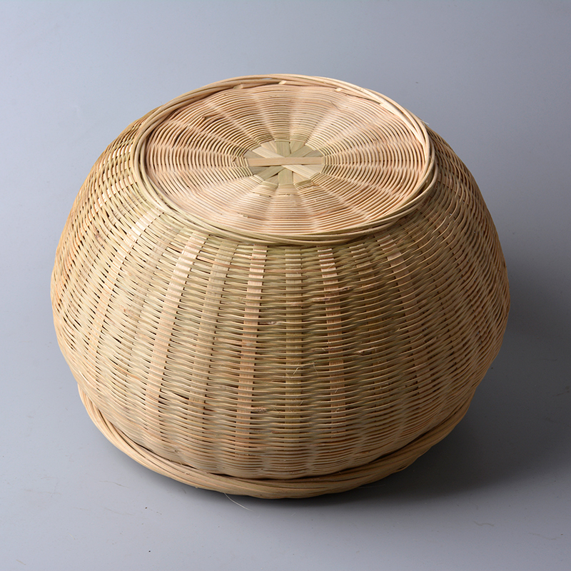 放馒头筐带盖竹筐圆形收纳筐竹编制品鸡蛋筐编织装馒头篓馍筐家用大号