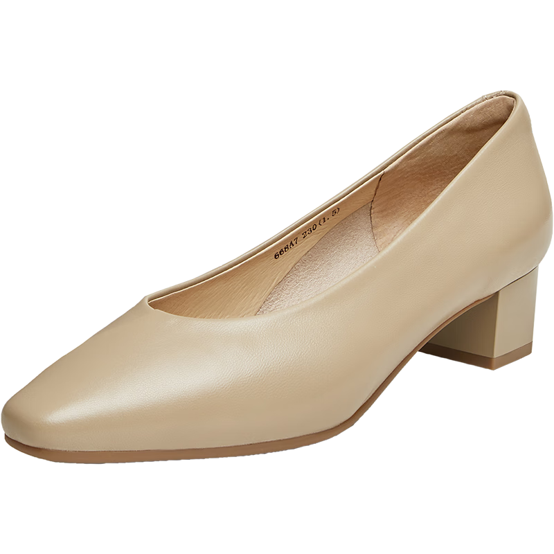 拔佳（Bata）淺口單鞋女春季商場新款通勤粗跟羊皮百搭奶奶鞋668A7AQ4 卡其 37