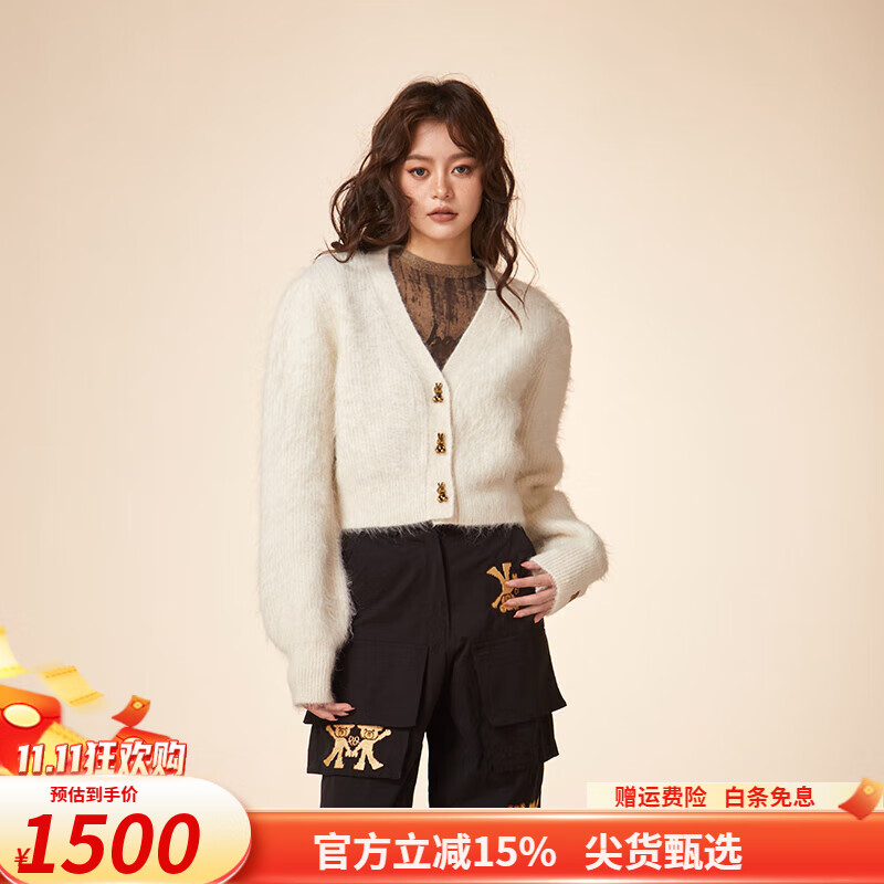 拉拉波波春季新款时尚简约V领开襟针织衫毛衣休闲短款外套女士LBCD-WSTM58 米白 M