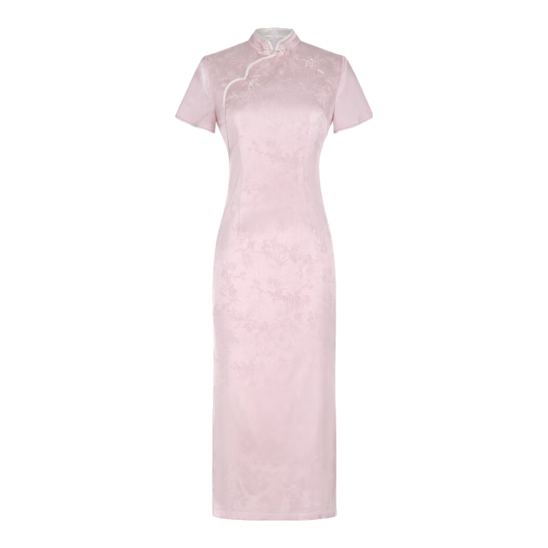 固執(zhí)（OBSTINATE）粉色提花刺繡旗袍2025新款新中式輕國(guó)風(fēng)夏裝高端氣質(zhì)短袖連衣裙女 粉色 S