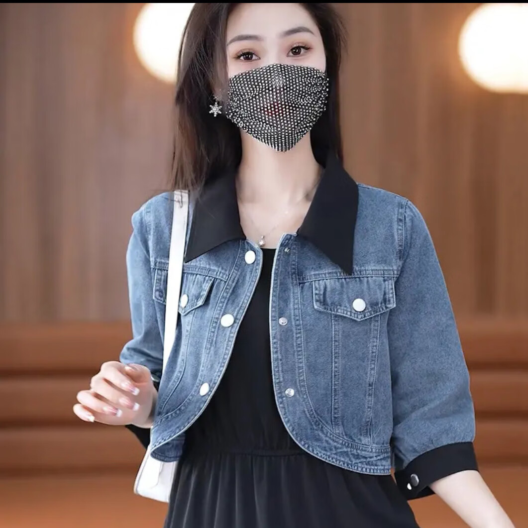 wait await气质女人搭配旗袍的外搭小披肩两件套七分袖牛仔外套2023